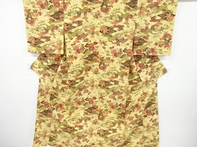 JAPANESE KIMONO / ANTIQUE HITOE KIMONO / SILK / JODAI TSUMUGI / STREAM & FLORAL PLANTS PATTERN